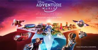 Disney Adventure World at Disneyland® Paris, featuring the World of Frozen, Avengers Campus, and characters like Elsa, Iron Man, and Remy.