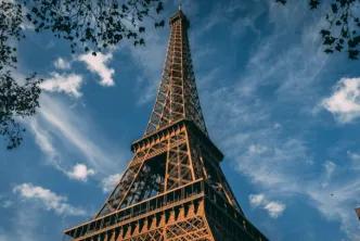 A view looking up at the Eiffel Tower in Paris
