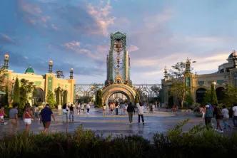 Clock tower and archway at Celestial Park, the central hub of Universal's Epic Universe.