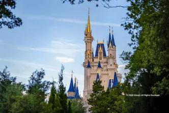 Cinderella Castle with blue spires framed by trees under a clear sky