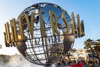 The iconic Universal Studios revolving globe monument at the theme park's entrance plaza