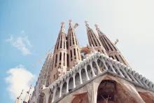 The Sagrada Familia Looking up at the large towers of the Sagrada Familia in front of a blue sky