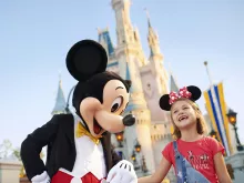 Mickey Mouse with guest, Cinderella Castle, Magic Kingdom Park