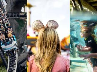 Ultimate Orlando Itinerary Three images of a rollercoaster, a woman facing away from the camera wearing Minnie ears, and two children snorkelling