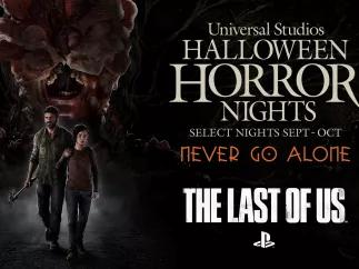 "The Last of Us" at Universal Studios Halloween Horror Nights A Universal Studios Halloween Horror Nights promotional image of Ellie and Joel from The Last of Us walking away from a large Infected creature.