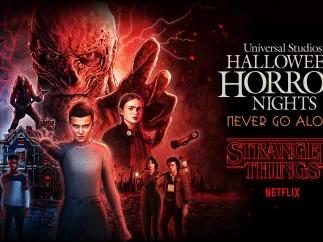 Stranger Things at Halloween Horror Nights A pencil drawing of Stranger Things characters next to the Stranger Things and Halloween Horror Nights logos