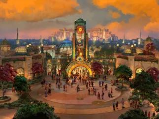 Universal Epic Universe - Opening 2025! Concept art of the entrance to Universal Epic Universe