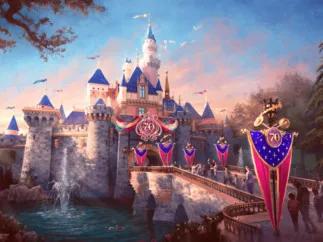 Concept art of the pink ad blue castle decorated with bright pink and blue decorations to match and a huge medallion in the centre with 70 on.