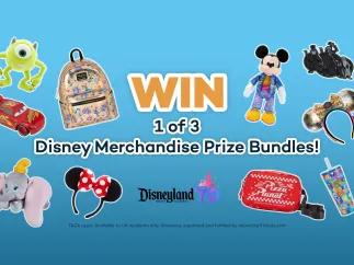 Disneyland Resort Blog A banner saying win 1 of 3 Disney merchandise prize bundles with Disneyland Resort logo. There are multiple pictures of prizes including plush toys, rucksacks, remote control cars and more!