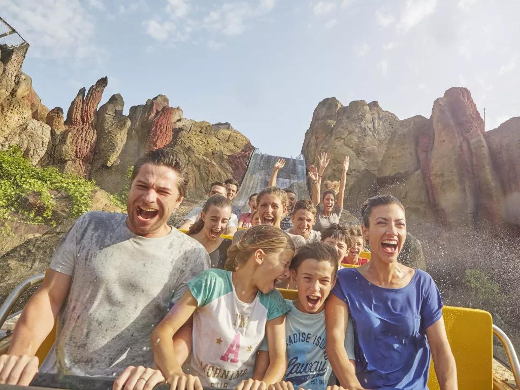 Guests getting wet on Tutuki Splash at PortAventura Theme Park