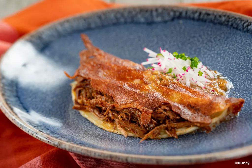 Taco Vampiro at Jardin de Fiestas Corn tortilla filled with pulled beef brisket with a cheese crisp