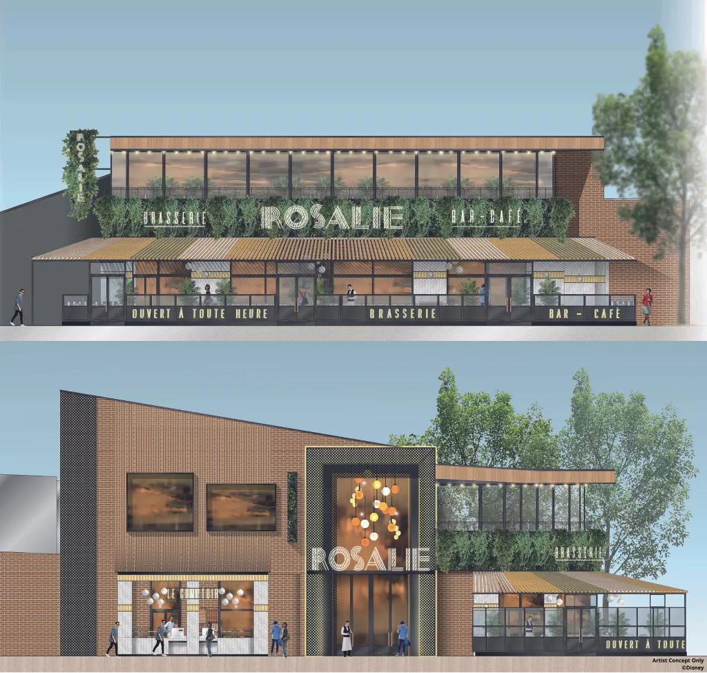 Rosalie Concept Art Concept art of the outside of the new Rosalie Brasserie at Disney Village
