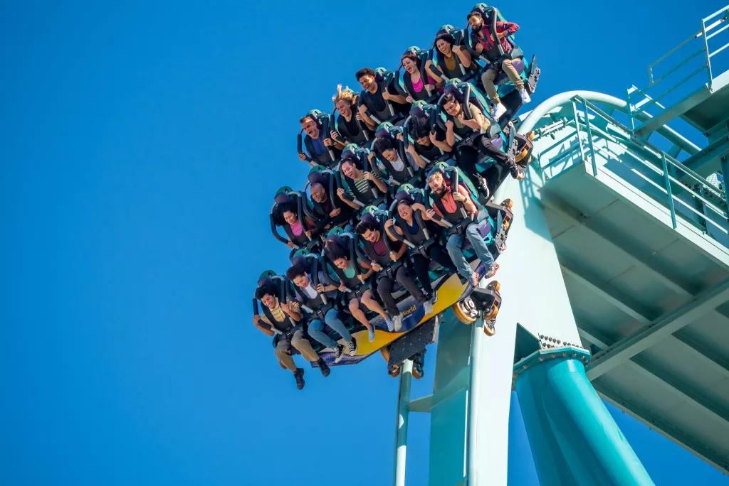 Emperor Rollercoaster Drop Guests in a ride vehicle at the top of the Emperor rollercoaster drop
