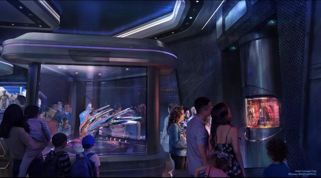 Guardians of the Galaxy: Cosmic Rewind Concept art of people in the Guardians of the Galaxy: Cosmic Rewind waiting area