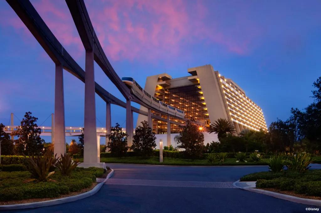 Disney's Contemporary Resort The monorail leaving the Contemporary Resort in the early evening