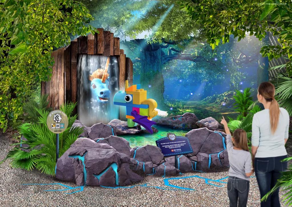 Bits and Bobs in The Magical Forest Concept art of a woman and child looking at a Lego Mythica AR experience