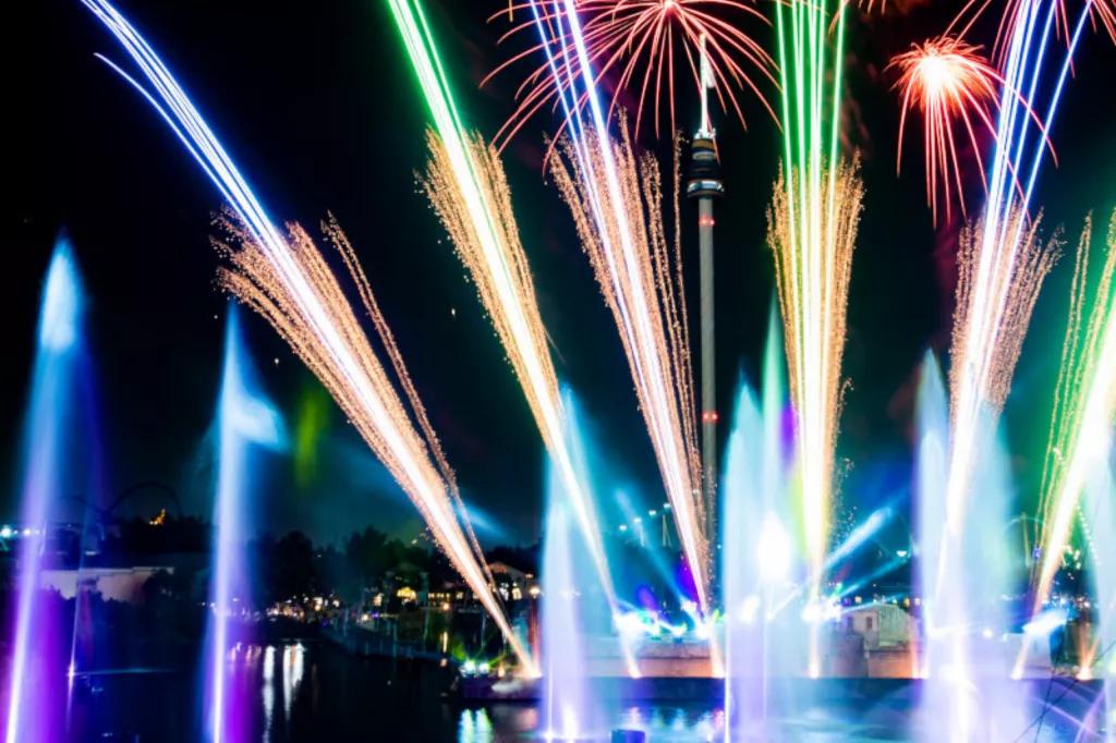 Ignite 360 Multi-coloured fountains and fireworks over the lake at SeaWorld Orlando