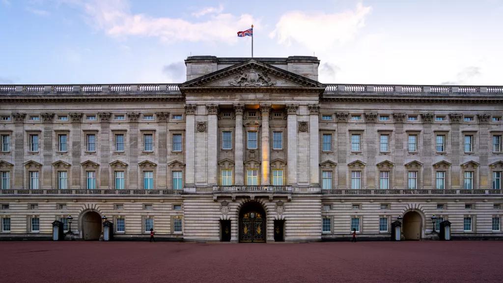 Buckingham Palace The front of Buckingham Palace with the Union Jack flying