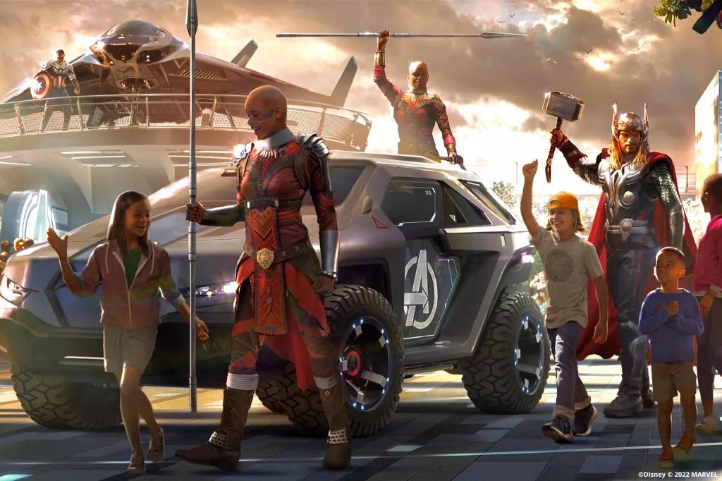 Dora Milaje training at Marvel Avengers Campus Young guests with the Dora Milaje and Thor walking through Avengers Campus