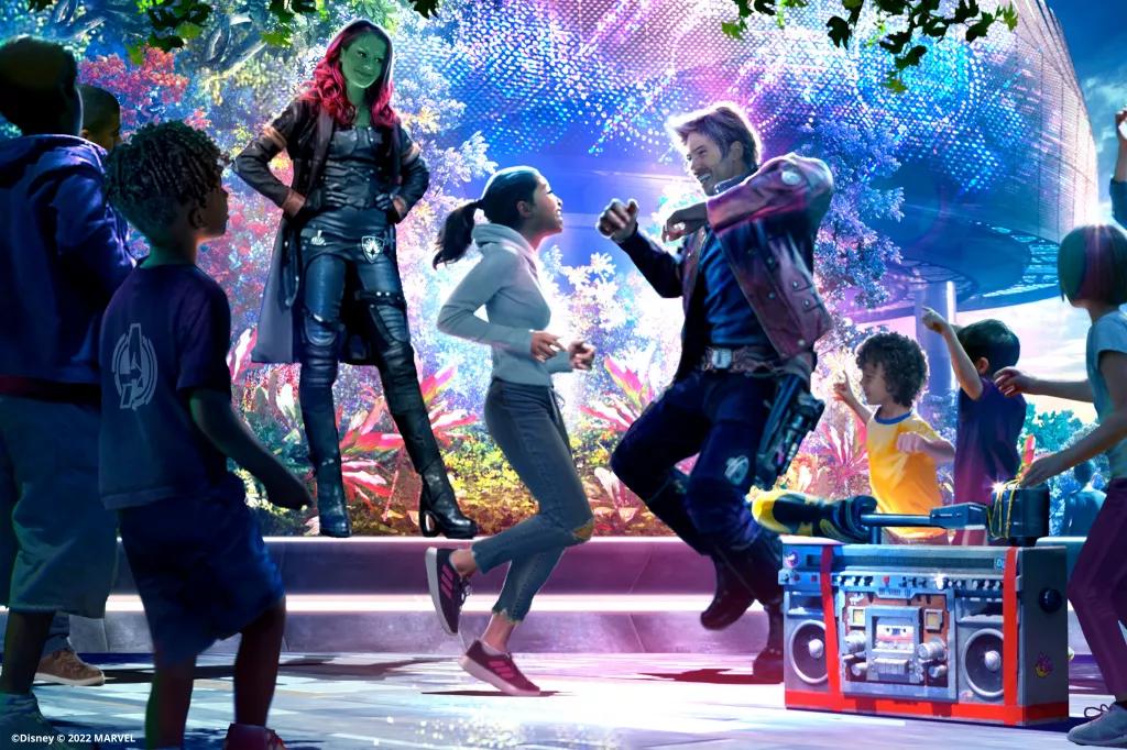 Star-Lord and Gamora at Marvel Avengers Campus Concept art of Star-Lord and Gamora in a dance off with guests at Avengers Campus