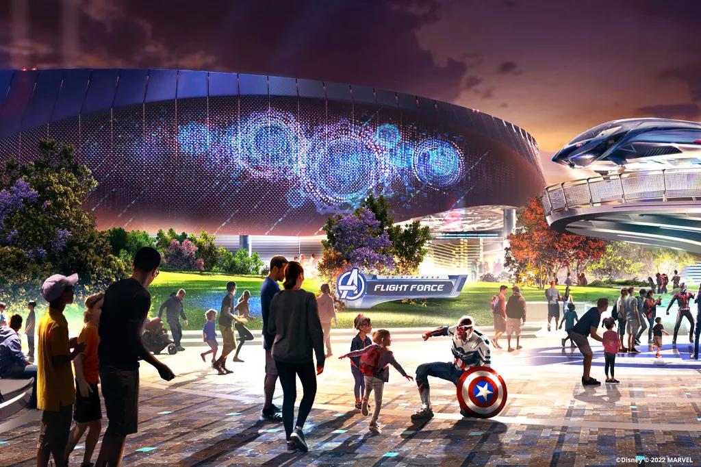 Avengers Assemble: Flight Force Concept art of the Avengers Assemble Flight Force building with Captain America meeting guests