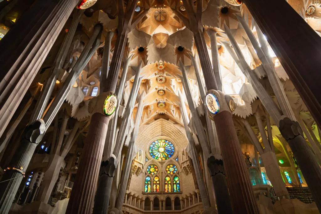 Inside the Sagrada Familia The inside of the Sagrada Familia, looking at a stained-glass window