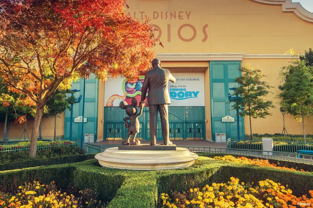 Walt Disney Studios Park A statue of Mickey Mouse and Walt Disney facing away from the camera towards a sound stage
