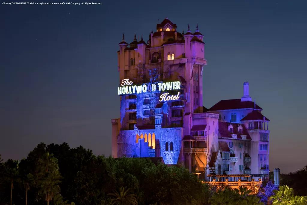 The Twilight Zone Tower of Terror The Twilight Zone Tower of Terror lit up at night