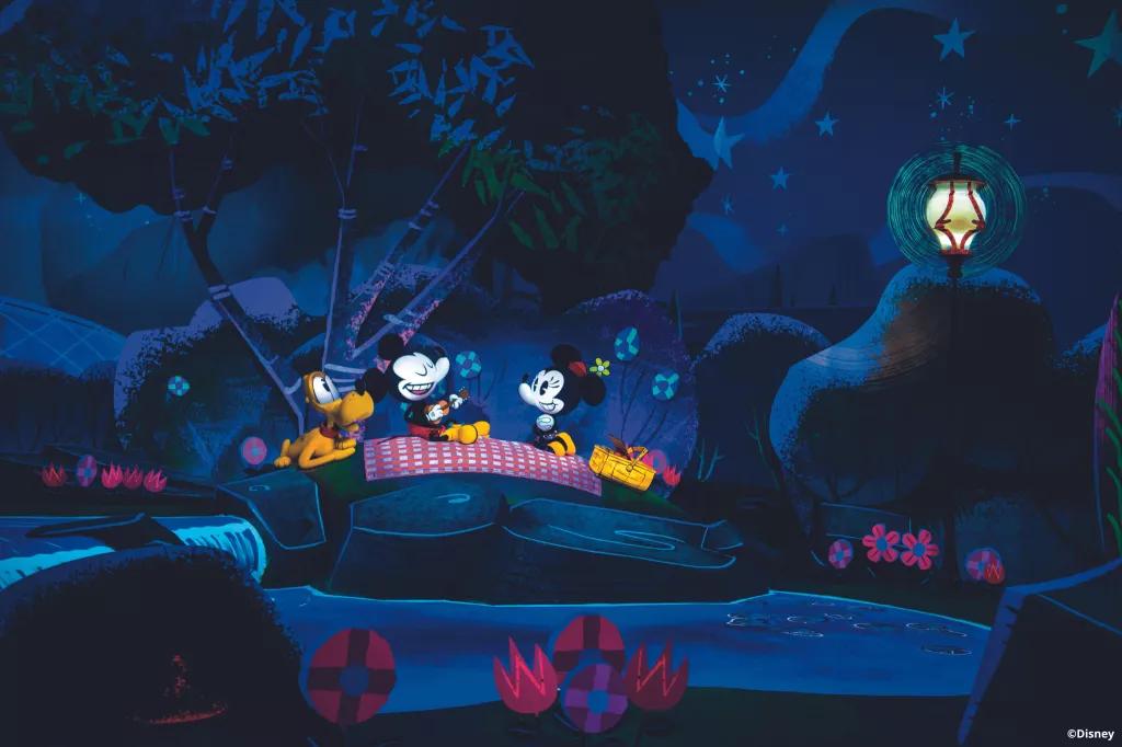 Mickey and Minnie's Runaway Railway Mickey, Minnie and Pluto animatronics sat on a picnic blanket in a park