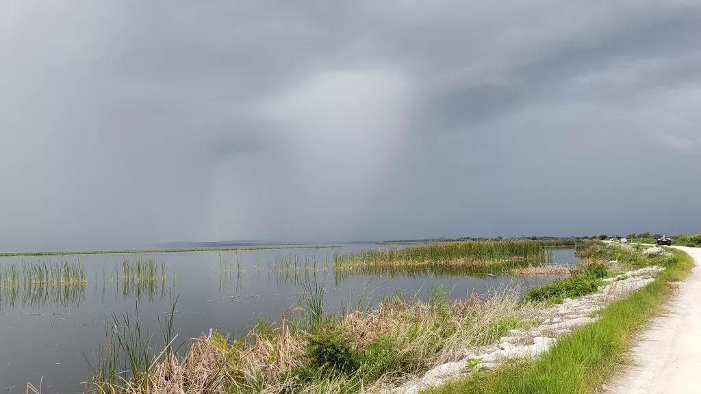 Lake Apopka Wildlife Drive View from the banks of Lake Apopka with grassy banks in the foreground and a grey stormy sky in the background