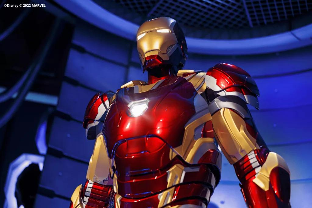 Avengers Flight Force An Iron Man animatronic in the pre-ride show for Avengers Flight Force