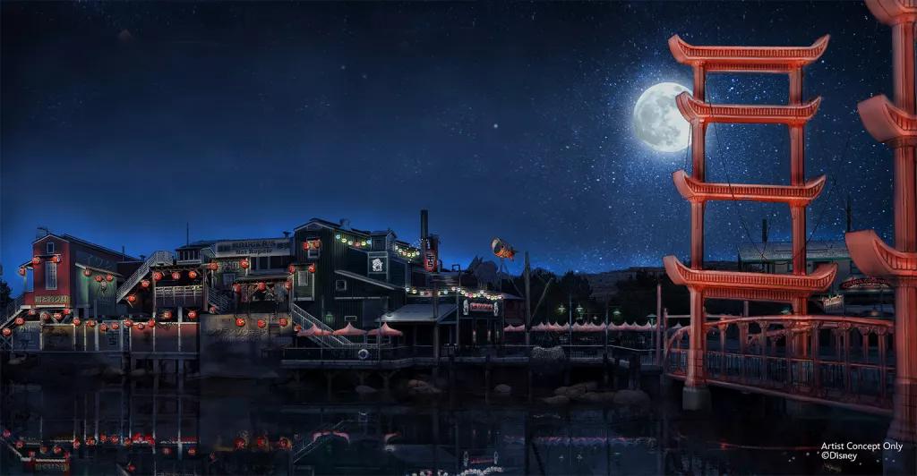 San Fransokyo in Disney California Adventure Park Concept art of 'San Fransokyo' in California Adventure, including a Japanese style Golden Gate Bridge