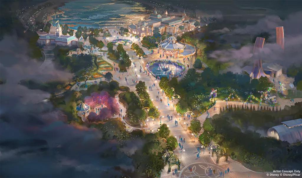 Walt Disney Studios Park Expansion Concept art of a new walkway and gardens including a Tangled boat ride