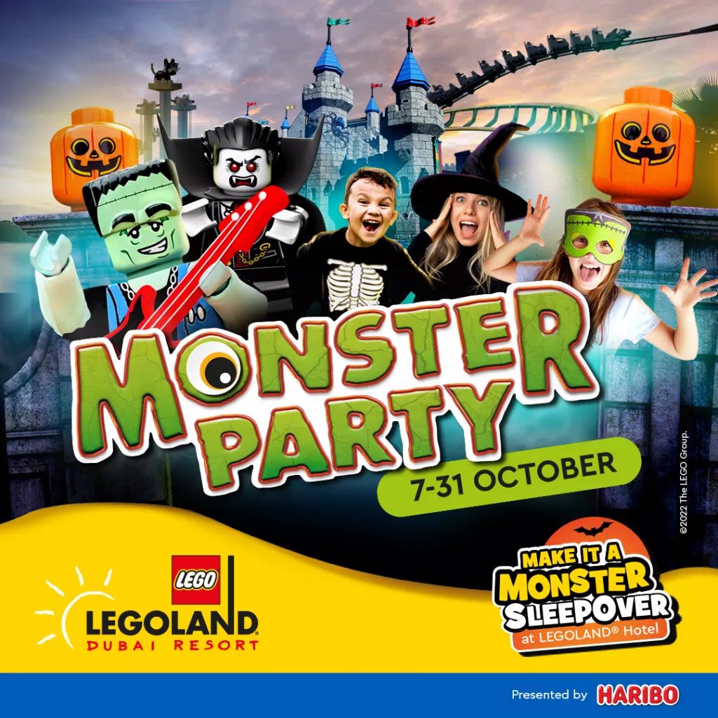 Monster Party at LEGOLAND Dubai Promotional image for Legoland Dubai Monster Party, with three children and two Halloween Lego characters