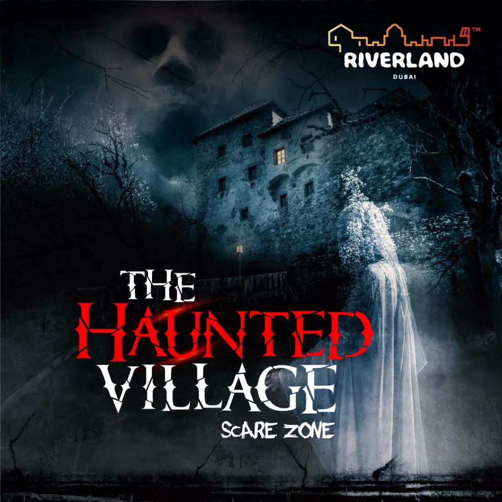 The Haunted Village at Riverland Promotional image of The Haunted Village, with a ghost-like figure standing in front of a haunted villa