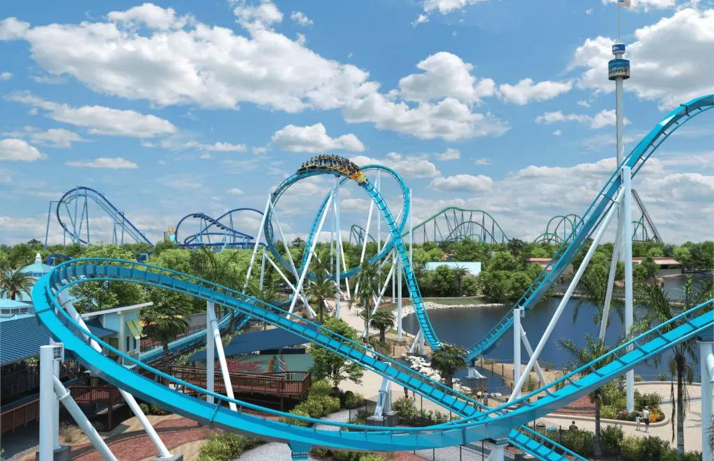 Pipeline: The Surf Coaster at SeaWorld Concept art of the Pipeline coaster track at SeaWorld