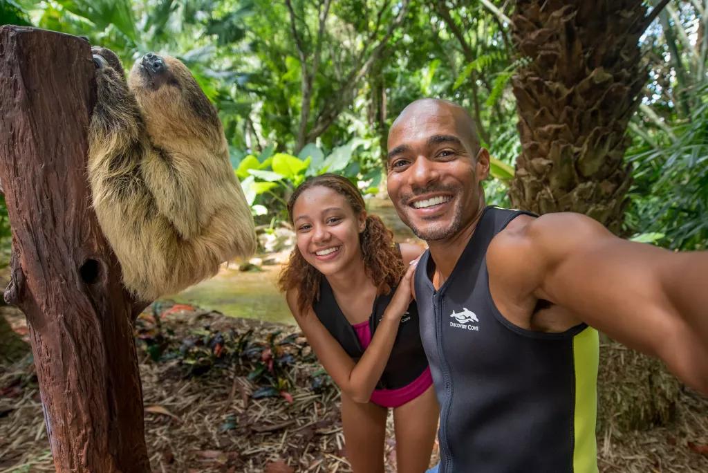 Conservation Kiosk at Discovery Cove A man and a woman taking a selfie with a sloth climbing a tree stump