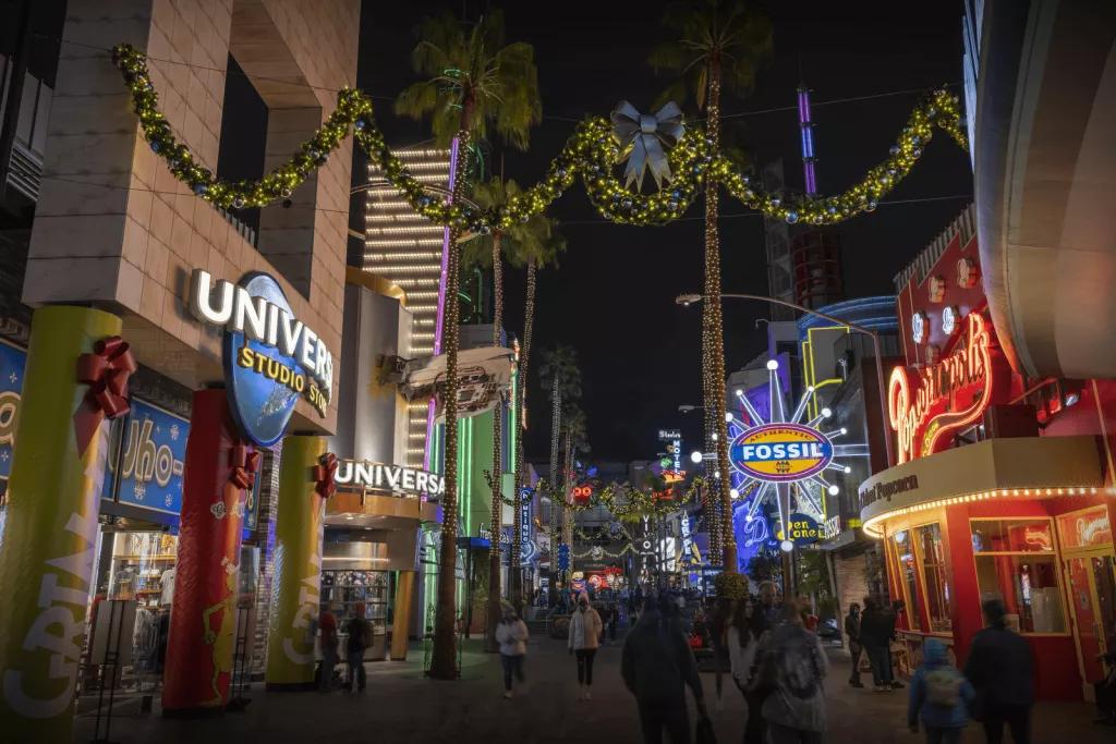 CityWalk Holidays Shops at Universal CityWalk decorated for Christmas with lights and garlands