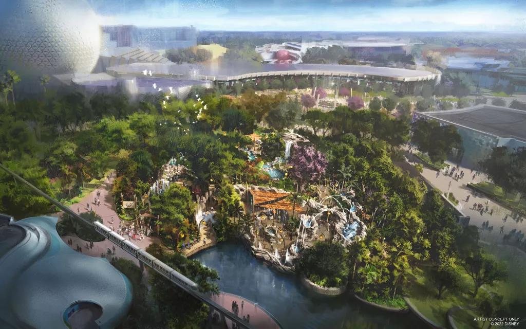 Journey of Water Concept art of the Journey of Water, surrounded by trees and greenery with Spaceship Earth in the background