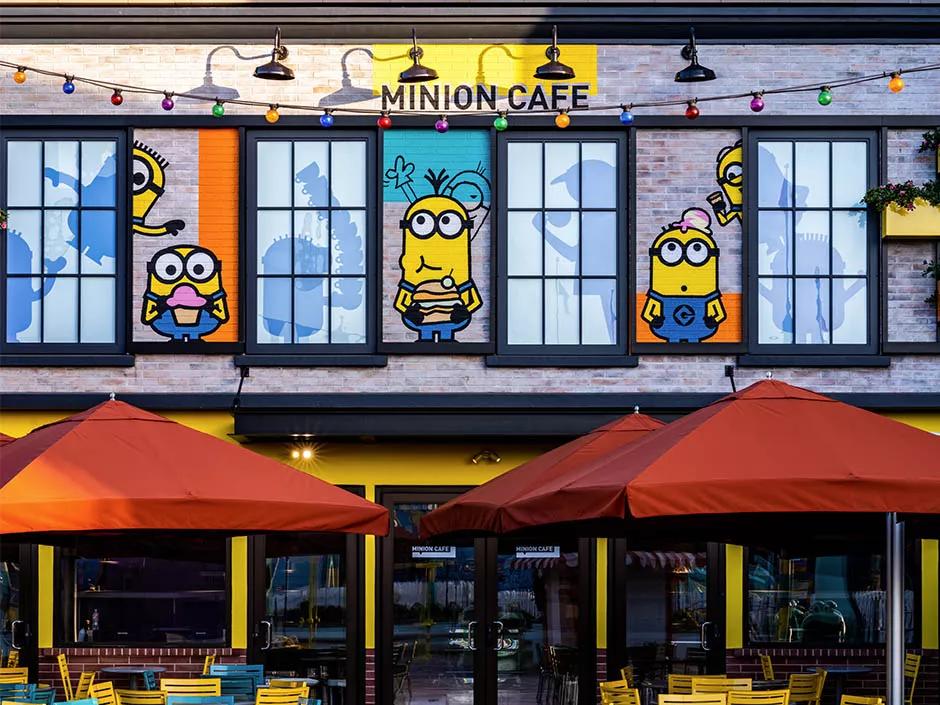 Minions Cafe at Universal Studios Hollywood The exterior of the Minions Cafe at Universal Studios Hollywood, featuring cartoon images of Minions