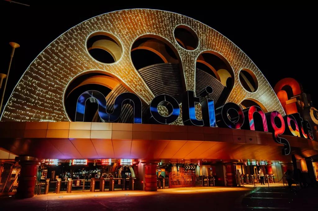 MOTIONGATE Dubai at Christmas The front entrance to MOTIONGATE Dubai lit up with Christmas lights