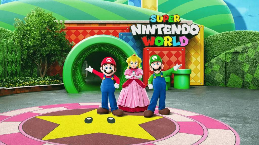 Super Nintendo World at Universal Studios Hollywood An artist rendering of Mario, Luigi and Princess Peach standing in front of the entrance to Super Nintendo World at Universal Studios Hollywood