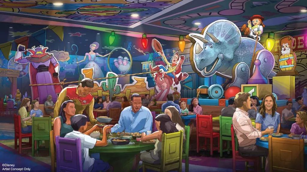 Roundup Rodeo BBQ Restaurant Concept art of families eating at the Toy Story Roundup Restaurant, surrounded by brightly coloured toy decorations