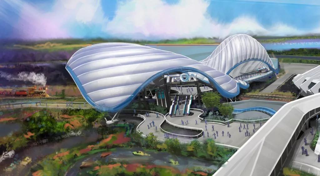 TRON Concept Art Concept art of TRON Lightcycle/Run at Walt Disney World showing a large modern looking covered building in Tomorrowland