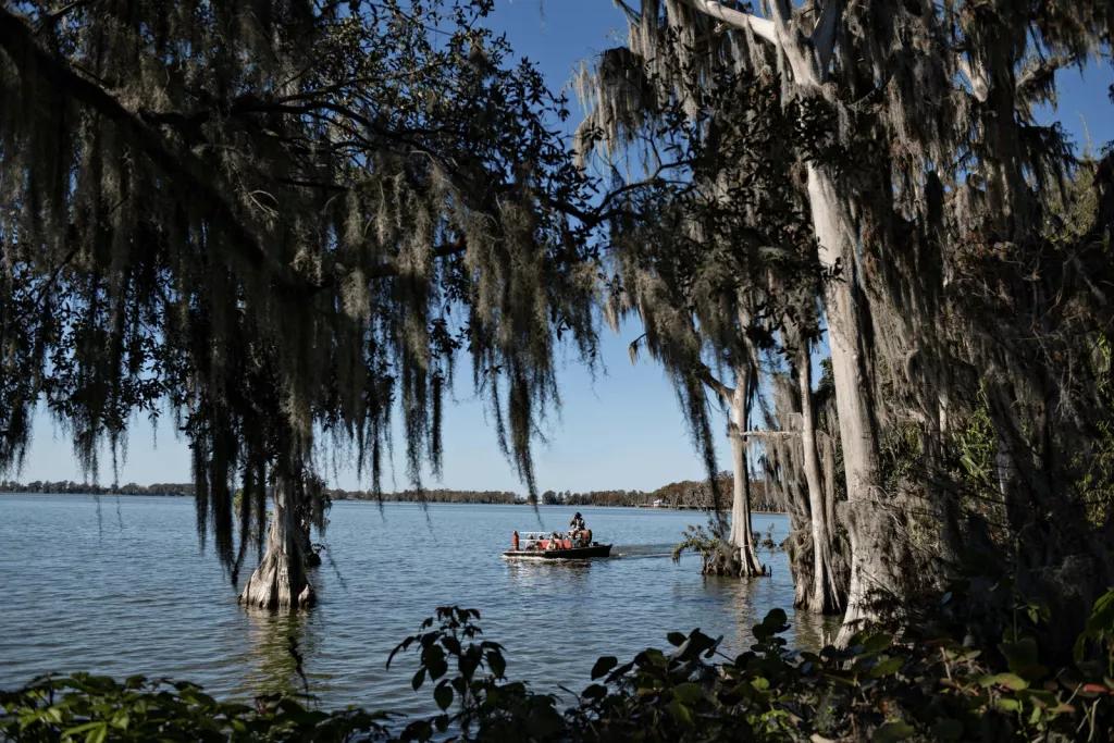 Pirate River Quest on Lake Eloise A boat on a large lake surrounded by large trees
