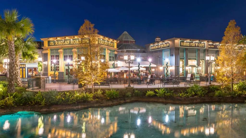 Raglan Road at Night Raglan Road pub lit up at night on the other side of the water at Disney Springs