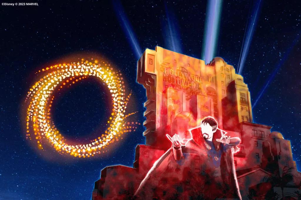 Avengers: Power The Night Concept art of Doctor Strange projected onto Tower of Terror with drones creating a portal in the sky