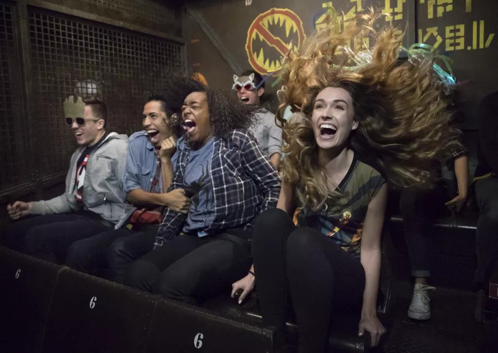 Guardians of the Galaxy: Mission Breakout Guests screaming and clinging on to their seats while riding Guardians of the Galaxy: Mission Breakout
