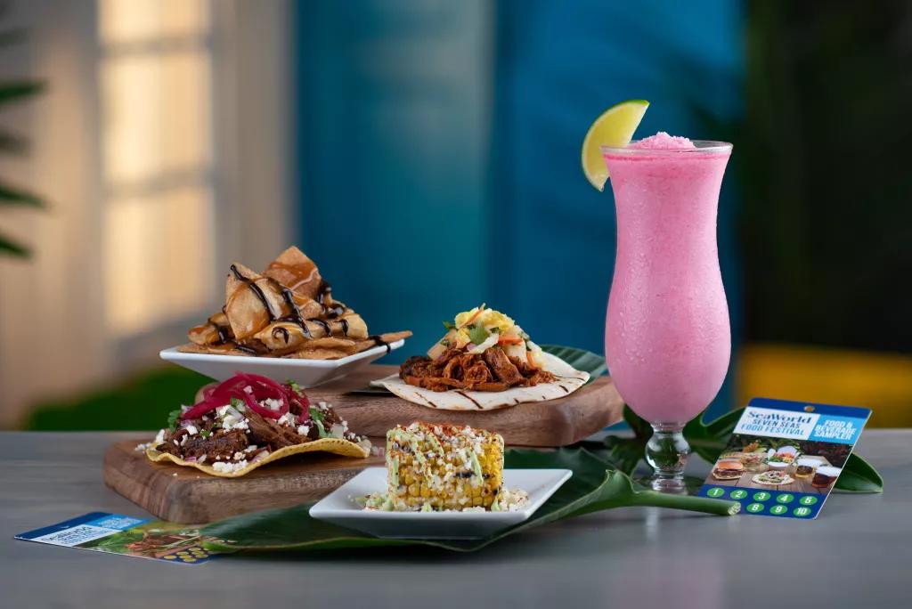 Mexican Market Plates of food including Mexican street corn, tacos and tostada