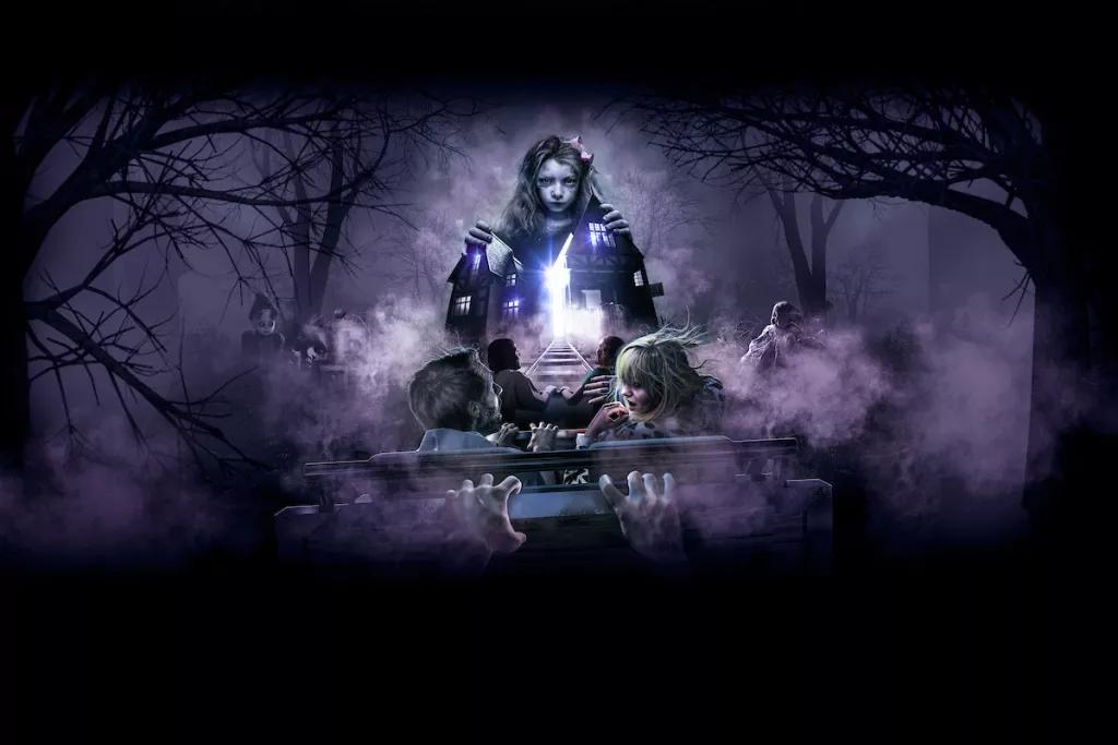 The Curse at Alton Manor Concept art of a ride vehicle travelling through a dark, foggy woods towards a life-size dollhouse being held open by a young girl